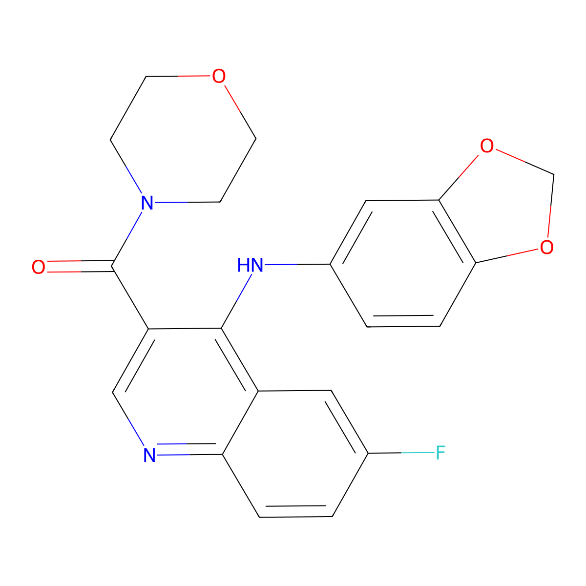 (4-(Benzo[d][1,3]dioxol-5-ylamino)-6-fluoroquinolin-3-yl)(morpholino)methanone molecular structure, CAS 1359224-04-6