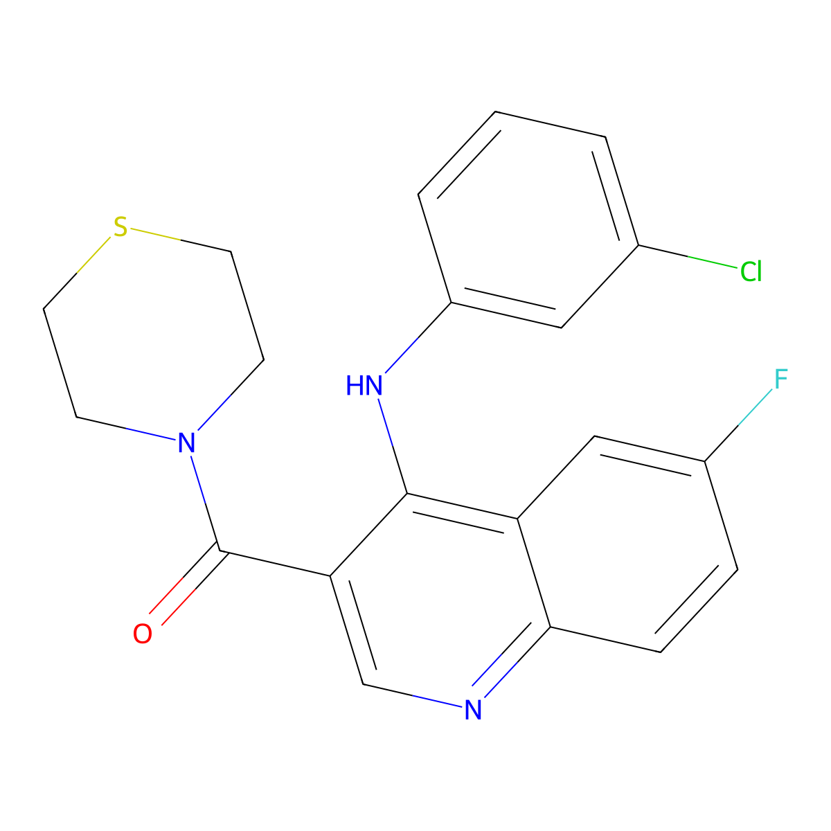 (4-((3-Chlorophenyl)amino)-6-fluoroquinolin-3-yl)(thiomorpholino)methanone molecular structure, CAS 1359224-14-8