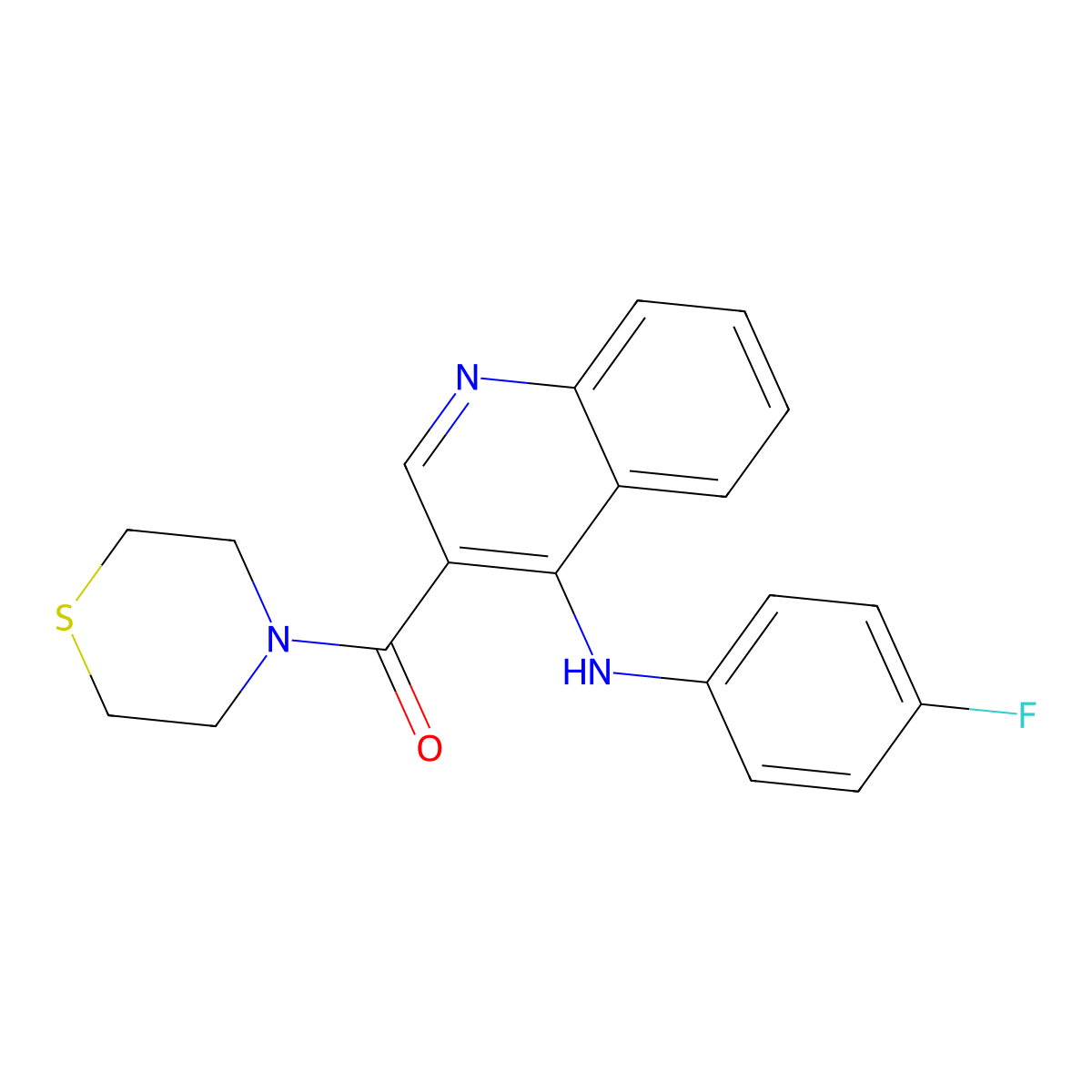 (4-((4-Fluorophenyl)amino)quinolin-3-yl)(thiomorpholino)methanone molecular structure, CAS 1359224-41-1