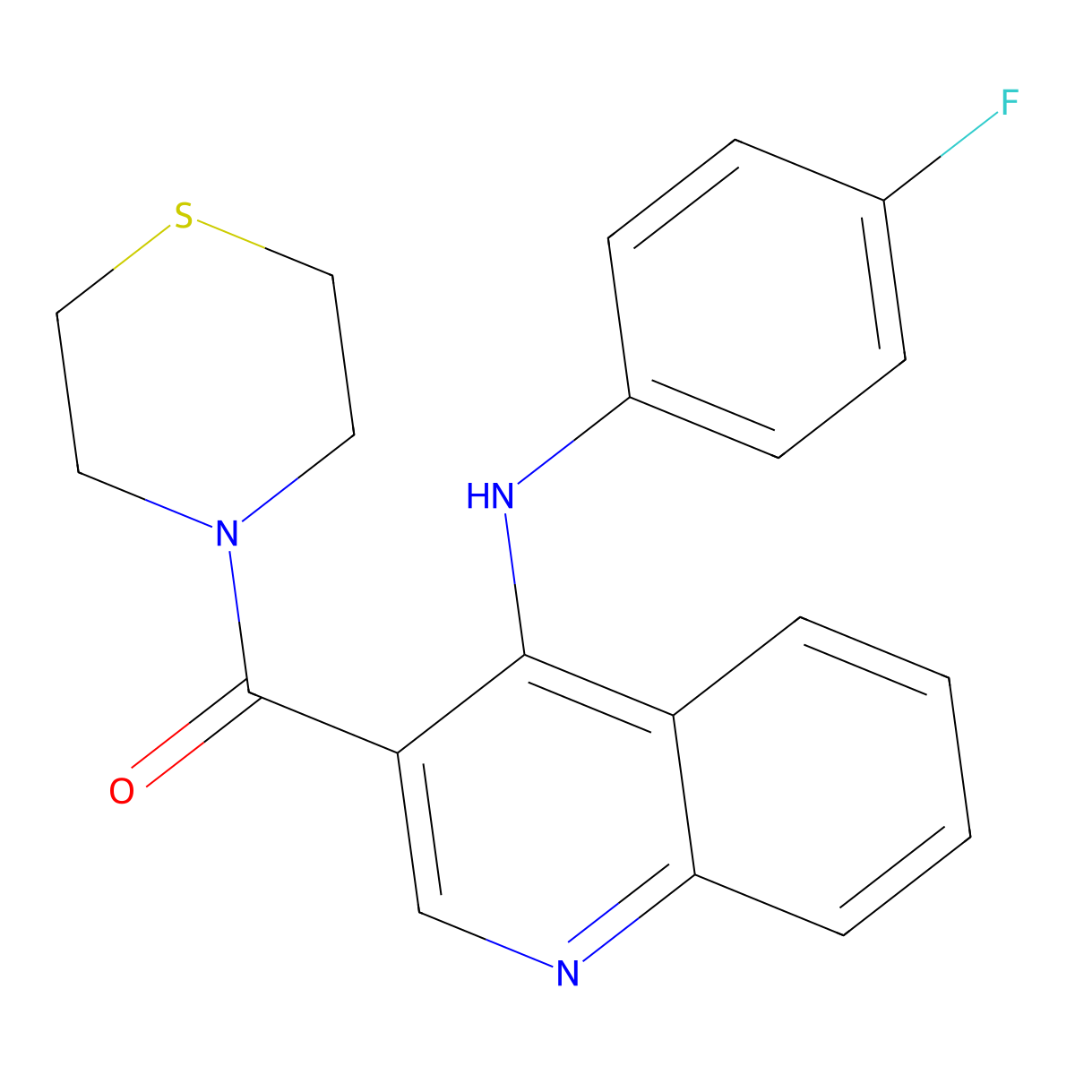 (4-((4-Fluorophenyl)amino)quinolin-3-yl)(thiomorpholino)methanone molecular structure, CAS 1359224-41-1