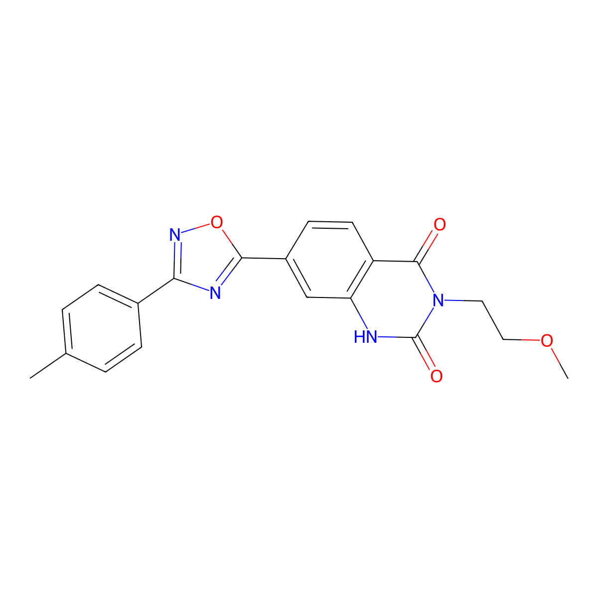 3-(2-methoxyethyl)-7-(3-(p-tolyl)-1,2,4-oxadiazol-5-yl)quinazoline-2,4(1H,3H)-dione molecular structure, CAS 1359247-15-6