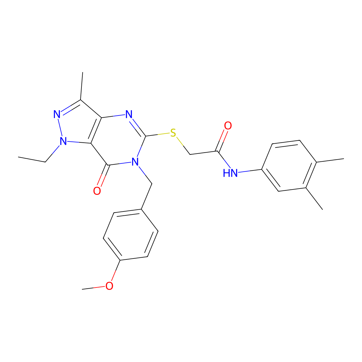 N-(3,4-dimethylphenyl)-2-((1-ethyl-6-(4-methoxybenzyl)-3-methyl-7-oxo-6,7-dihydro-1H-pyrazolo[4,3-d]pyrimidin-5-yl)thio)acetamide molecular structure, CAS 1359310-54-5