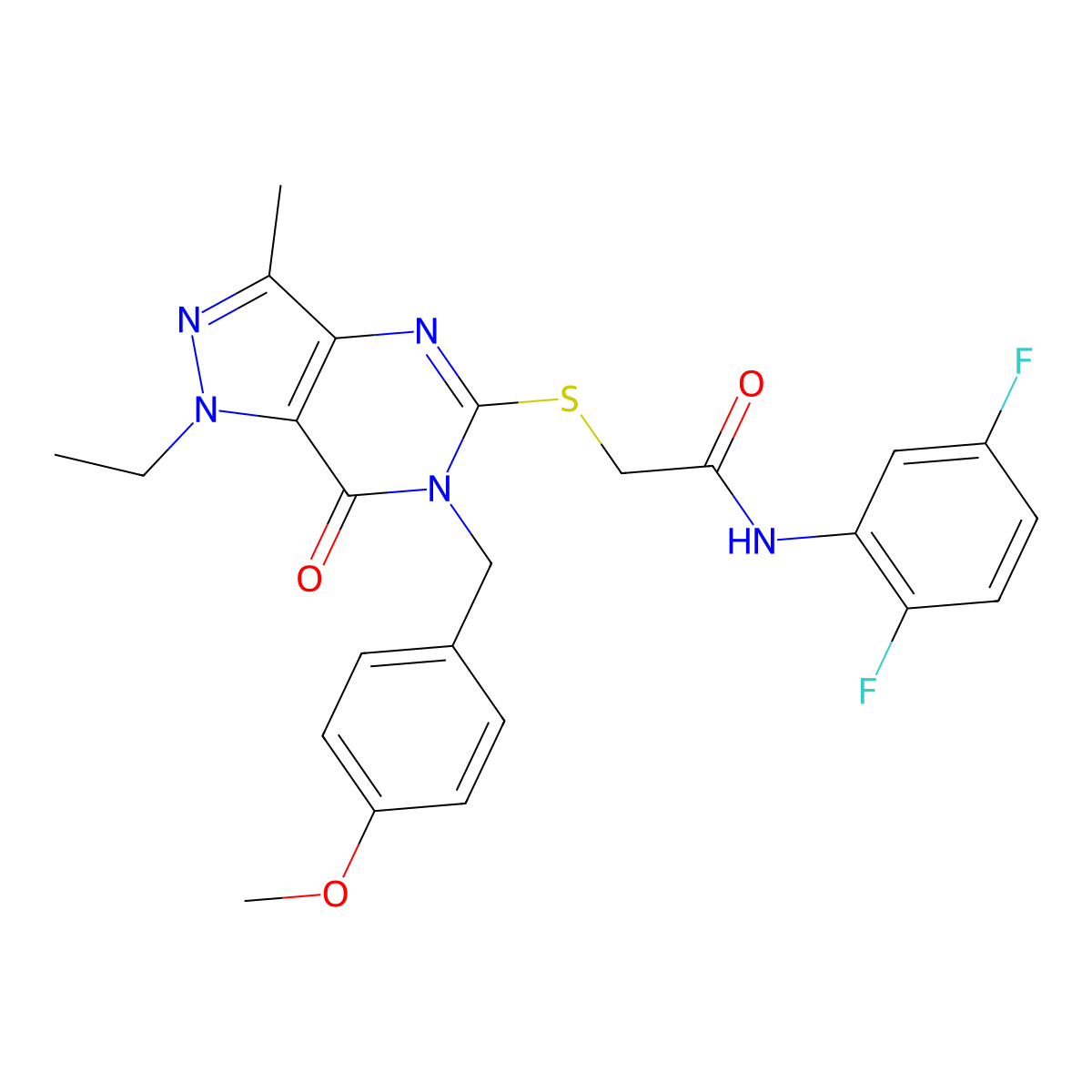 N-(2,5-difluorophenyl)-2-({1-ethyl-6-[(4-methoxyphenyl)methyl]-3-methyl-7-oxo-1H,6H,7H-pyrazolo[4,3-d]pyrimidin-5-yl}sulfanyl)acetamide molecular structure, CAS 1359310-66-9