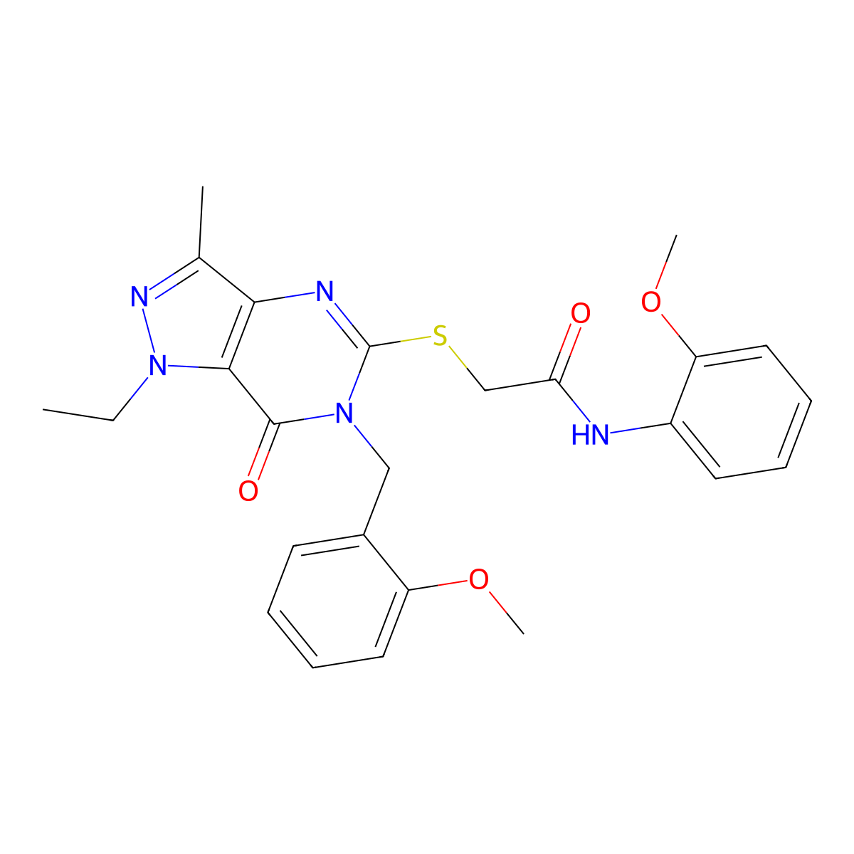 2-((1-ethyl-6-(2-methoxybenzyl)-3-methyl-7-oxo-6,7-dihydro-1H-pyrazolo[4,3-d]pyrimidin-5-yl)thio)-N-(2-methoxyphenyl)acetamide molecular structure, CAS 1359310-83-0