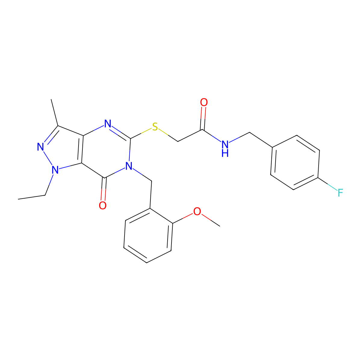 2-({1-ethyl-6-[(2-methoxyphenyl)methyl]-3-methyl-7-oxo-1H,6H,7H-pyrazolo[4,3-d]pyrimidin-5-yl}sulfanyl)-N-[(4-fluorophenyl)methyl]acetamide molecular structure, CAS 1359310-94-3