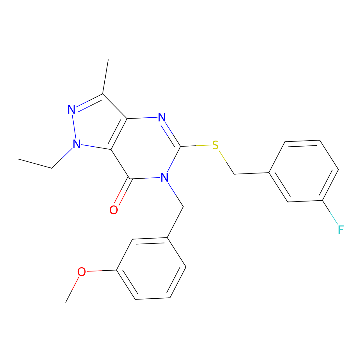 1-ethyl-5-((3-fluorobenzyl)thio)-6-(3-methoxybenzyl)-3-methyl-1H-pyrazolo[4,3-d]pyrimidin-7(6H)-one molecular structure, CAS 1359311-39-9