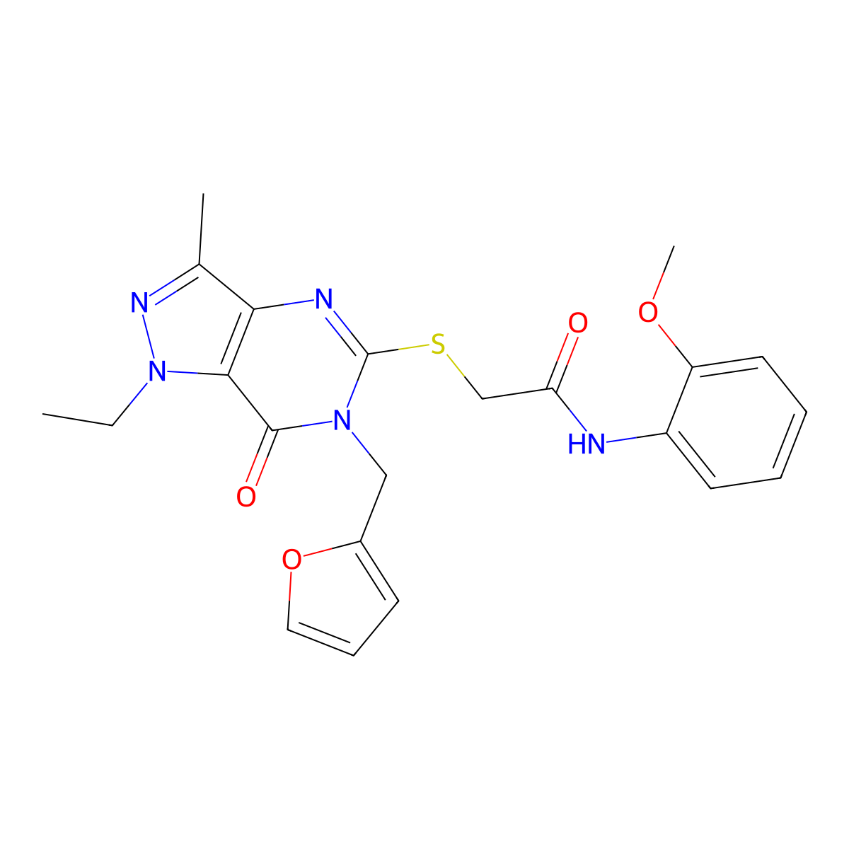 2-((1-ethyl-6-(furan-2-ylmethyl)-3-methyl-7-oxo-6,7-dihydro-1H-pyrazolo[4,3-d]pyrimidin-5-yl)thio)-N-(2-methoxyphenyl)acetamide molecular structure, CAS 1359311-50-4