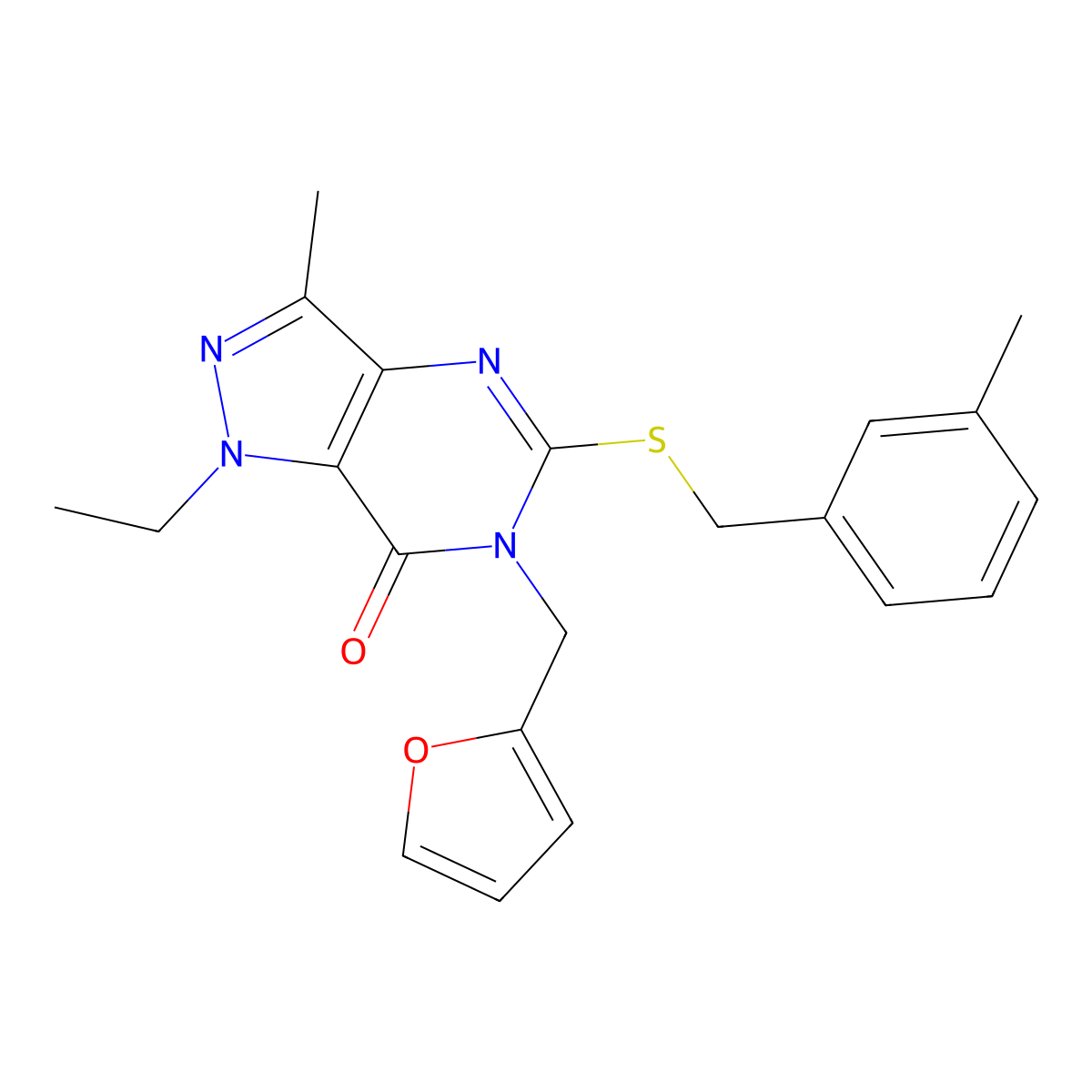 1-ethyl-6-[(furan-2-yl)methyl]-3-methyl-5-{[(3-methylphenyl)methyl]sulfanyl}-1H,6H,7H-pyrazolo[4,3-d]pyrimidin-7-one molecular structure, CAS 1359311-95-7