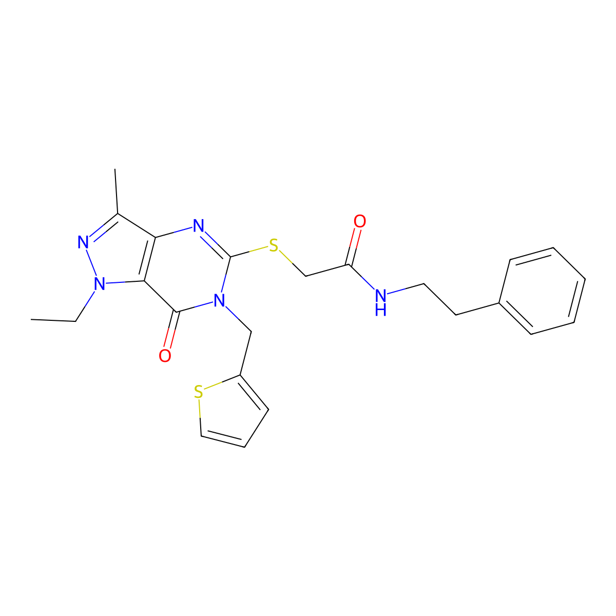 2-({1-ethyl-3-methyl-7-oxo-6-[(thiophen-2-yl)methyl]-1H,6H,7H-pyrazolo[4,3-d]pyrimidin-5-yl}sulfanyl)-N-(2-phenylethyl)acetamide molecular structure, CAS 1359312-05-2
