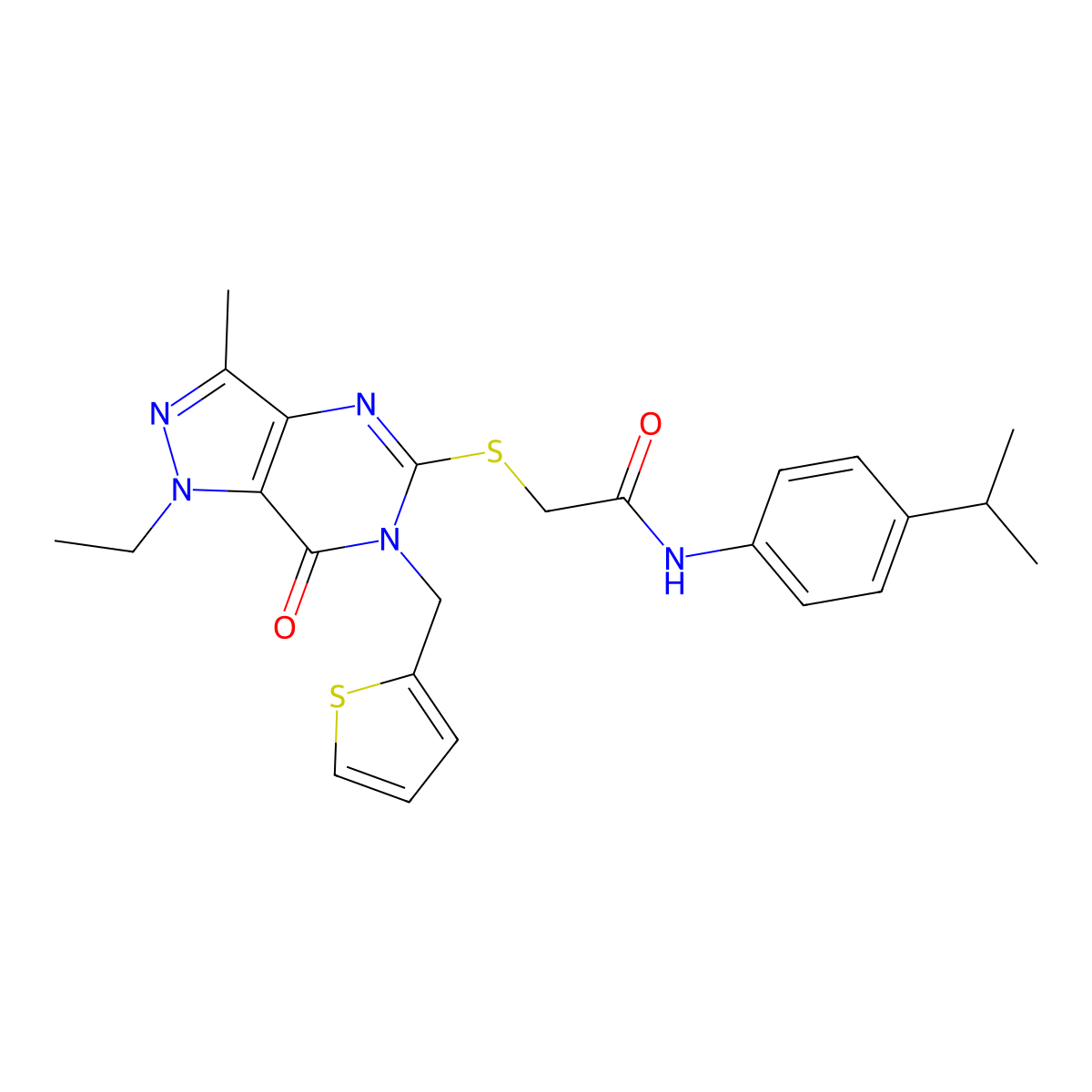 2-((1-ethyl-3-methyl-7-oxo-6-(thiophen-2-ylmethyl)-6,7-dihydro-1H-pyrazolo[4,3-d]pyrimidin-5-yl)thio)-N-(4-isopropylphenyl)acetamide molecular structure, CAS 1359312-15-4