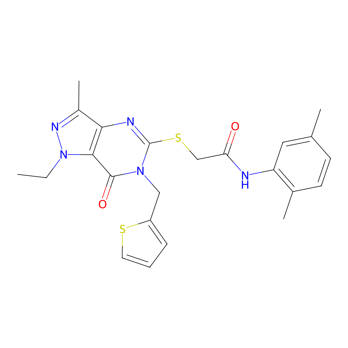 N-(2,5-dimethylphenyl)-2-((1-ethyl-3-methyl-7-oxo-6-(thiophen-2-ylmethyl)-6,7-dihydro-1H-pyrazolo[4,3-d]pyrimidin-5-yl)thio)acetamide molecular structure, CAS 1359312-24-5