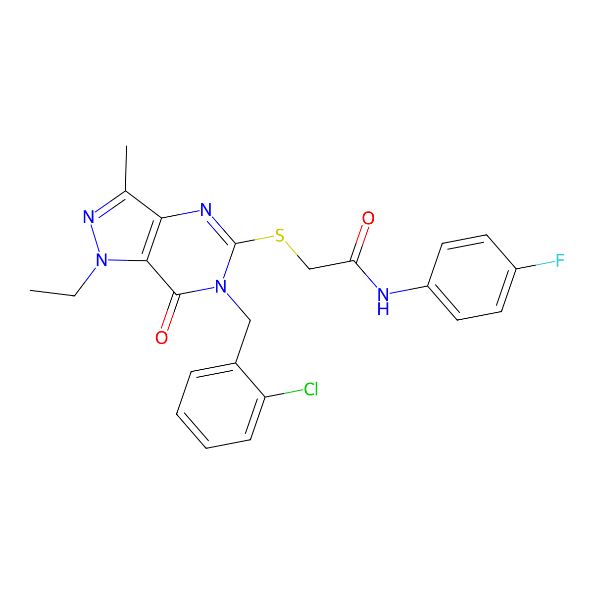2-({6-[(2-chlorophenyl)methyl]-1-ethyl-3-methyl-7-oxo-1H,6H,7H-pyrazolo[4,3-d]pyrimidin-5-yl}sulfanyl)-N-(4-fluorophenyl)acetamide molecular structure, CAS 1359312-81-4