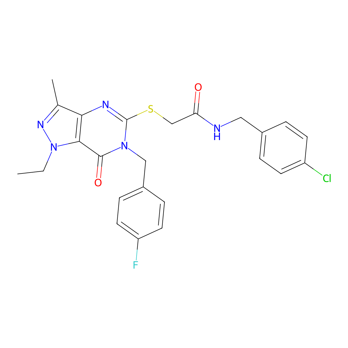 N-[(4-chlorophenyl)methyl]-2-({1-ethyl-6-[(4-fluorophenyl)methyl]-3-methyl-7-oxo-1H,6H,7H-pyrazolo[4,3-d]pyrimidin-5-yl}sulfanyl)acetamide molecular structure, CAS 1359312-93-8