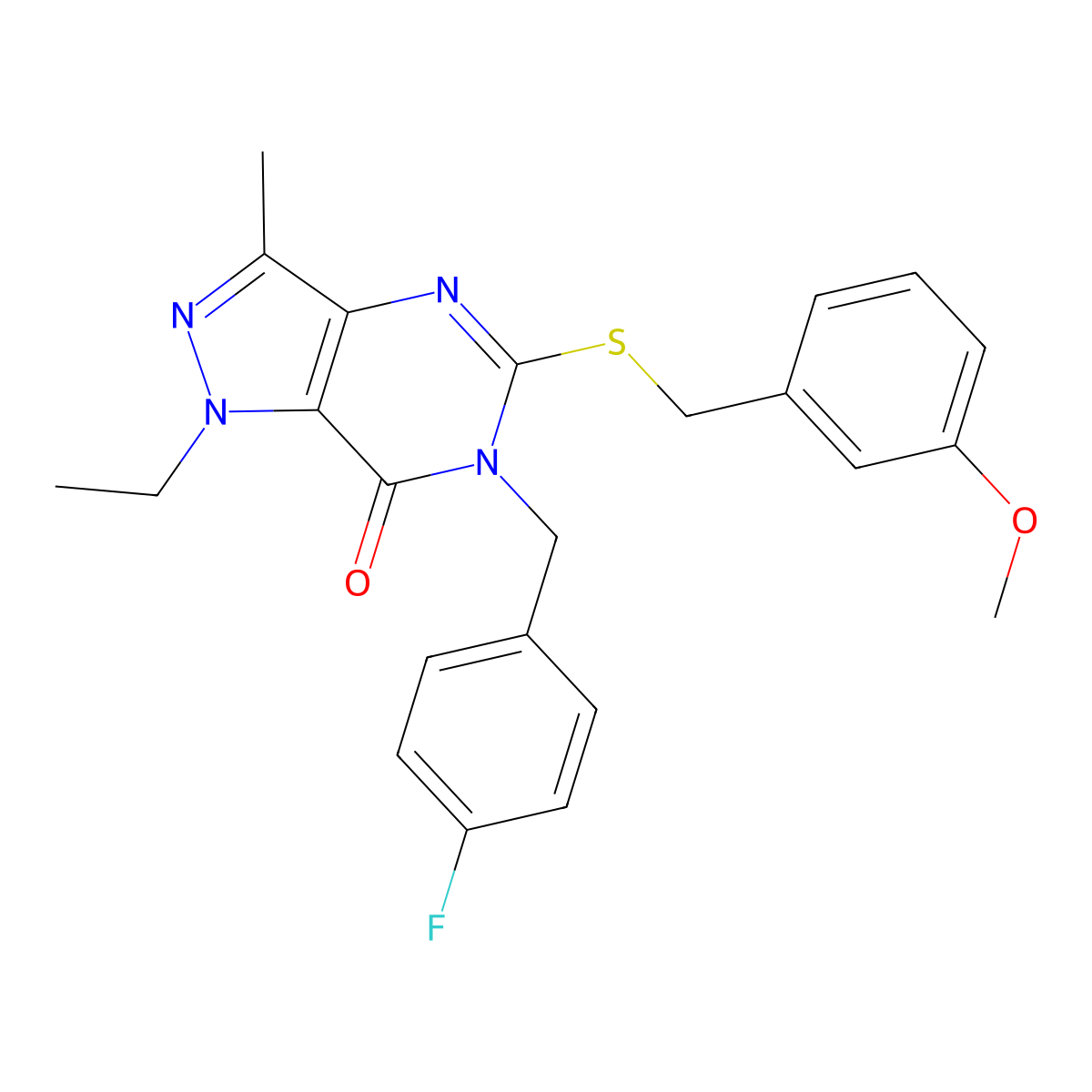 1-ethyl-6-(4-fluorobenzyl)-5-((3-methoxybenzyl)thio)-3-methyl-1H-pyrazolo[4,3-d]pyrimidin-7(6H)-one molecular structure, CAS 1359312-98-3