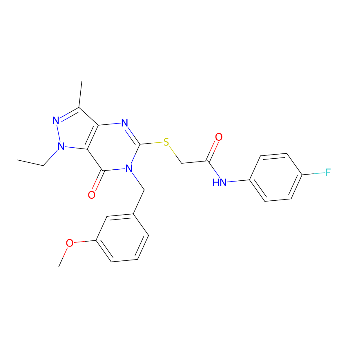 2-((1-ethyl-6-(3-methoxybenzyl)-3-methyl-7-oxo-6,7-dihydro-1H-pyrazolo[4,3-d]pyrimidin-5-yl)thio)-N-(4-fluorophenyl)acetamide molecular structure, CAS 1359313-05-5