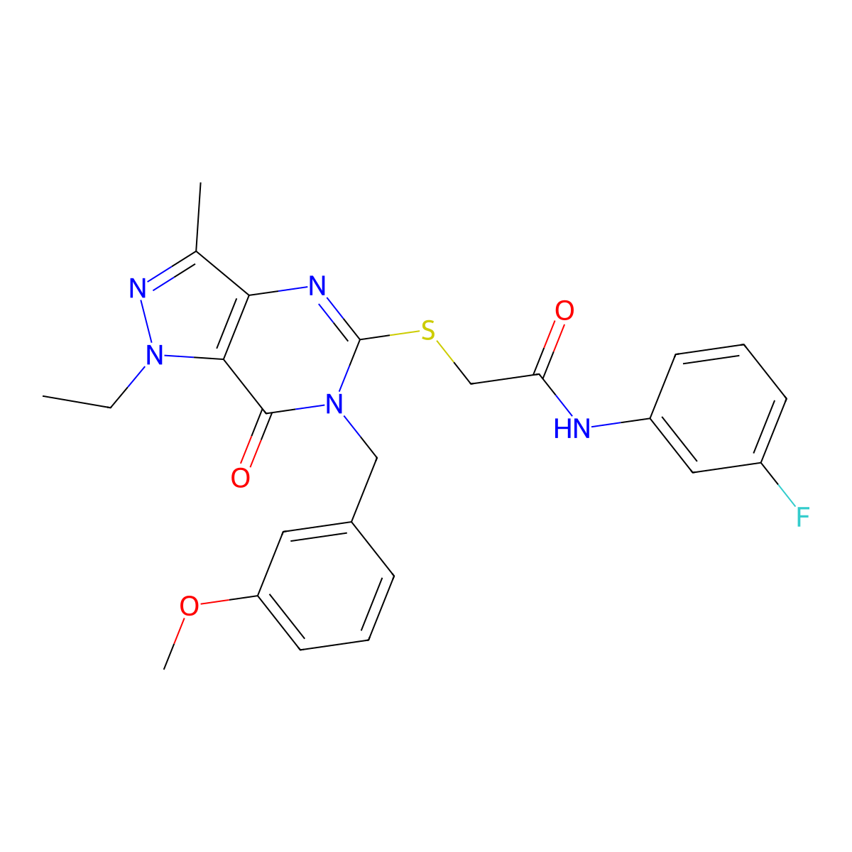 2-((1-ethyl-6-(3-methoxybenzyl)-3-methyl-7-oxo-6,7-dihydro-1H-pyrazolo[4,3-d]pyrimidin-5-yl)thio)-N-(3-fluorophenyl)acetamide molecular structure, CAS 1359313-14-6