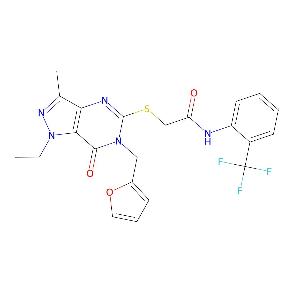 2-({1-ethyl-6-[(furan-2-yl)methyl]-3-methyl-7-oxo-1H,6H,7H-pyrazolo[4,3-d]pyrimidin-5-yl}sulfanyl)-N-[2-(trifluoromethyl)phenyl]acetamide molecular structure, CAS 1359313-21-5