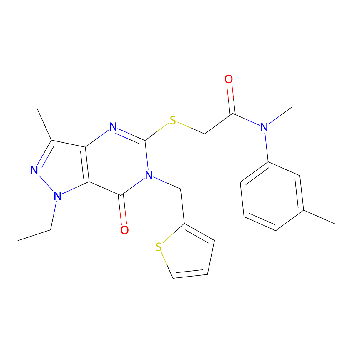2-((1-ethyl-3-methyl-7-oxo-6-(thiophen-2-ylmethyl)-6,7-dihydro-1H-pyrazolo[4,3-d]pyrimidin-5-yl)thio)-N-methyl-N-(m-tolyl)acetamide molecular structure, CAS 1359313-81-7