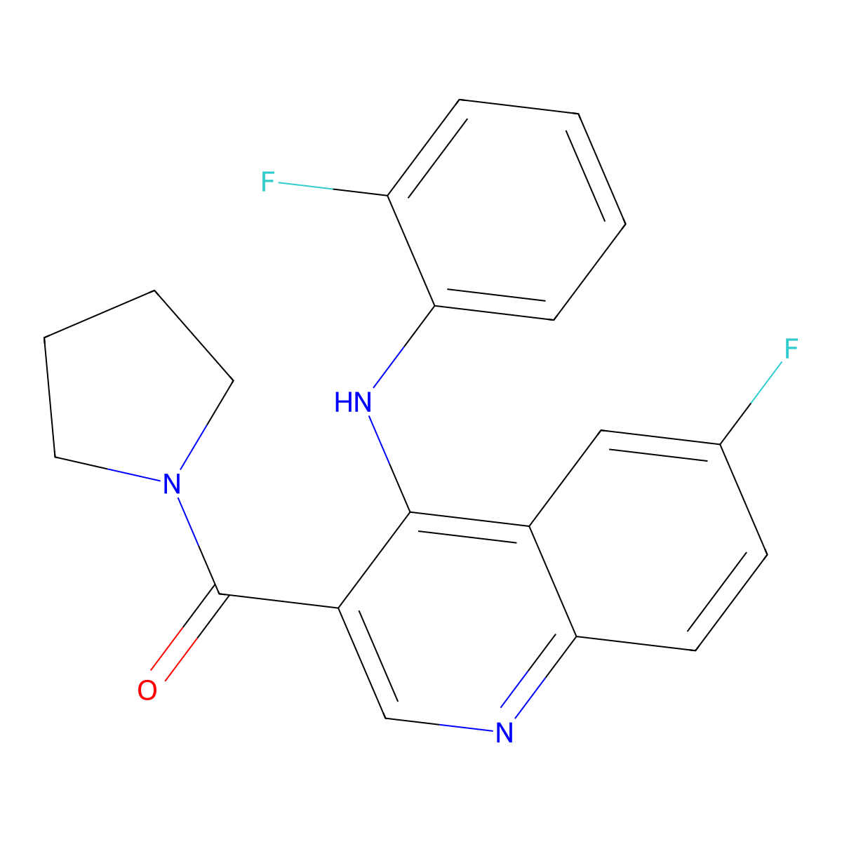 (6-Fluoro-4-((2-fluorophenyl)amino)quinolin-3-yl)(pyrrolidin-1-yl)methanone molecular structure, CAS 1359315-15-3