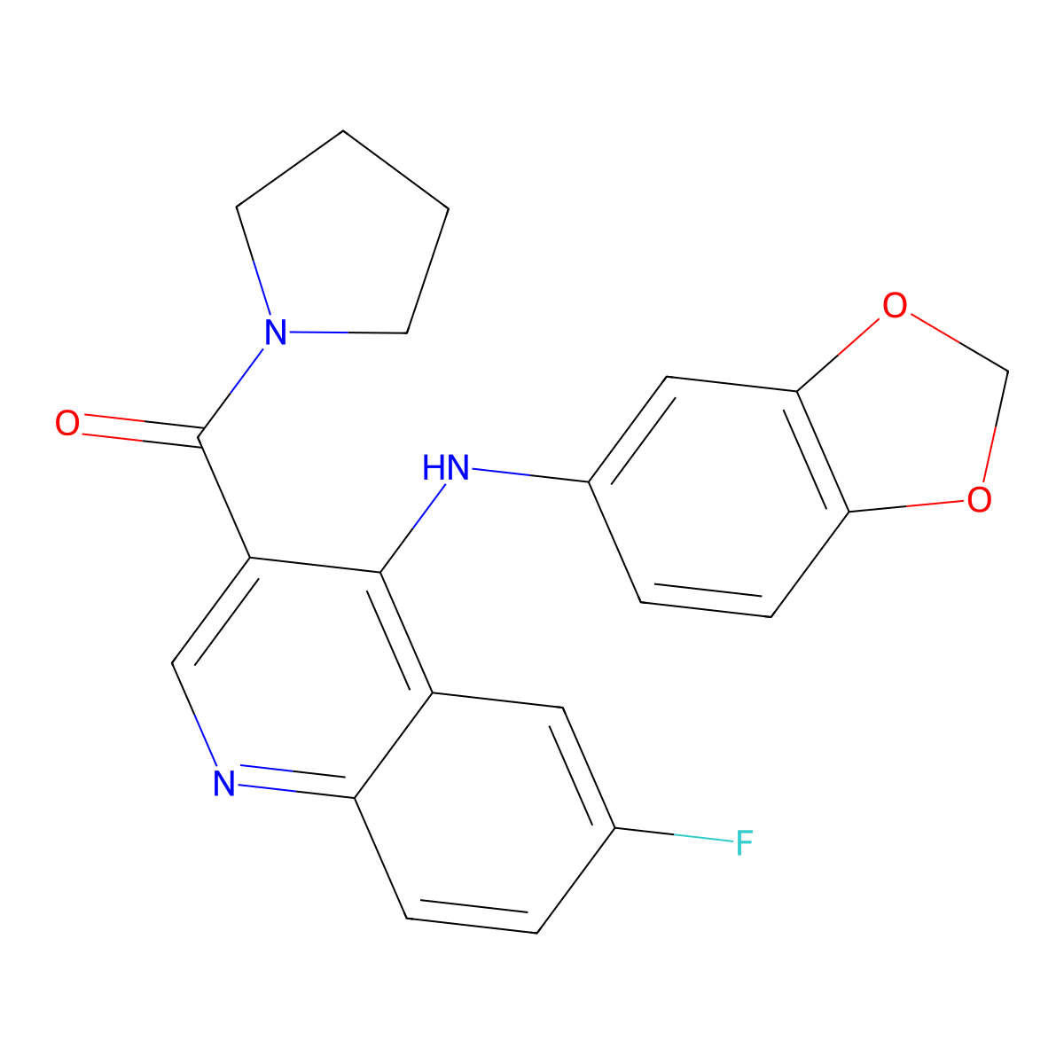 (4-(Benzo[d][1,3]dioxol-5-ylamino)-6-fluoroquinolin-3-yl)(pyrrolidin-1-yl)methanone molecular structure, CAS 1359315-19-7