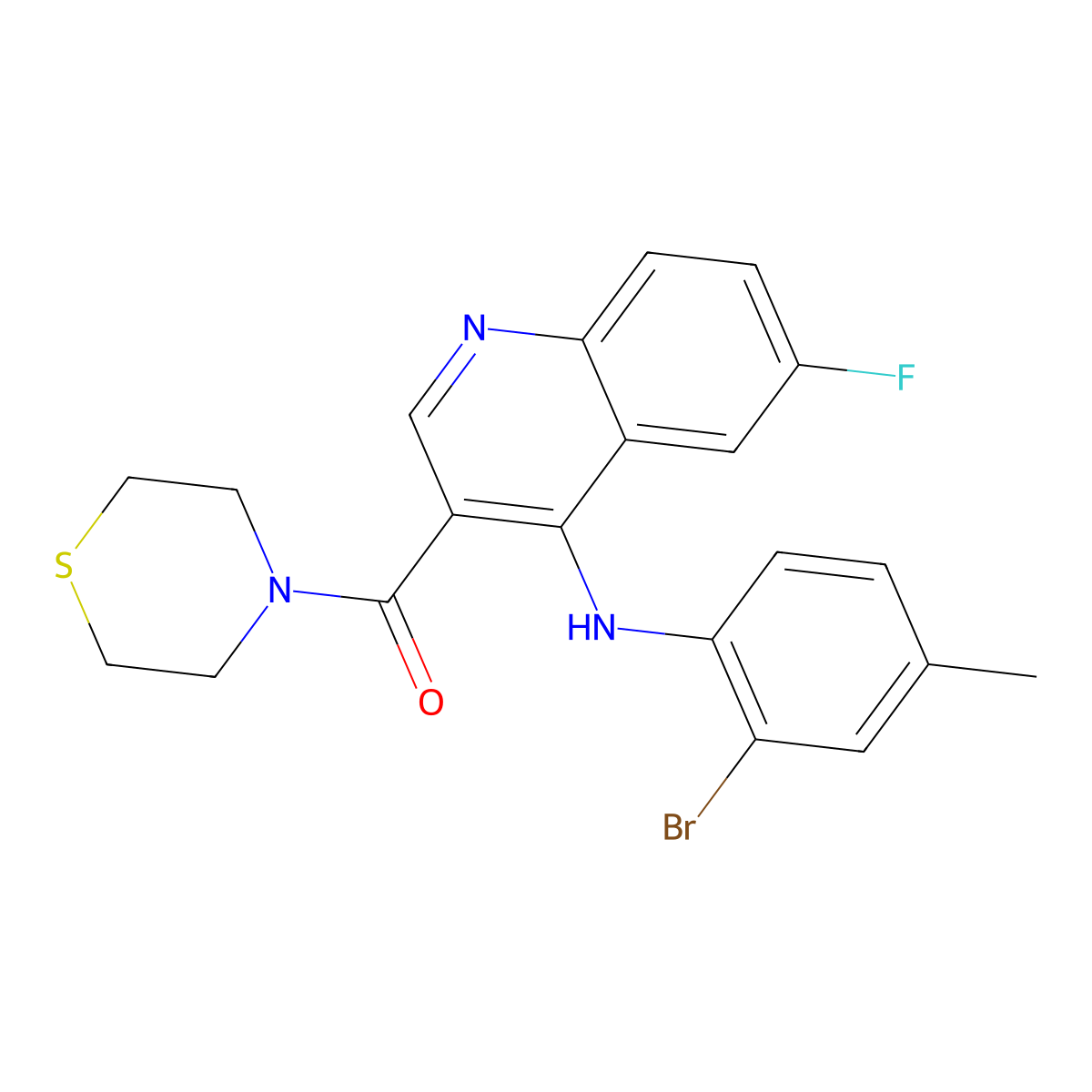(4-((2-Bromo-4-methylphenyl)amino)-6-fluoroquinolin-3-yl)(thiomorpholino)methanone molecular structure, CAS 1359315-65-3