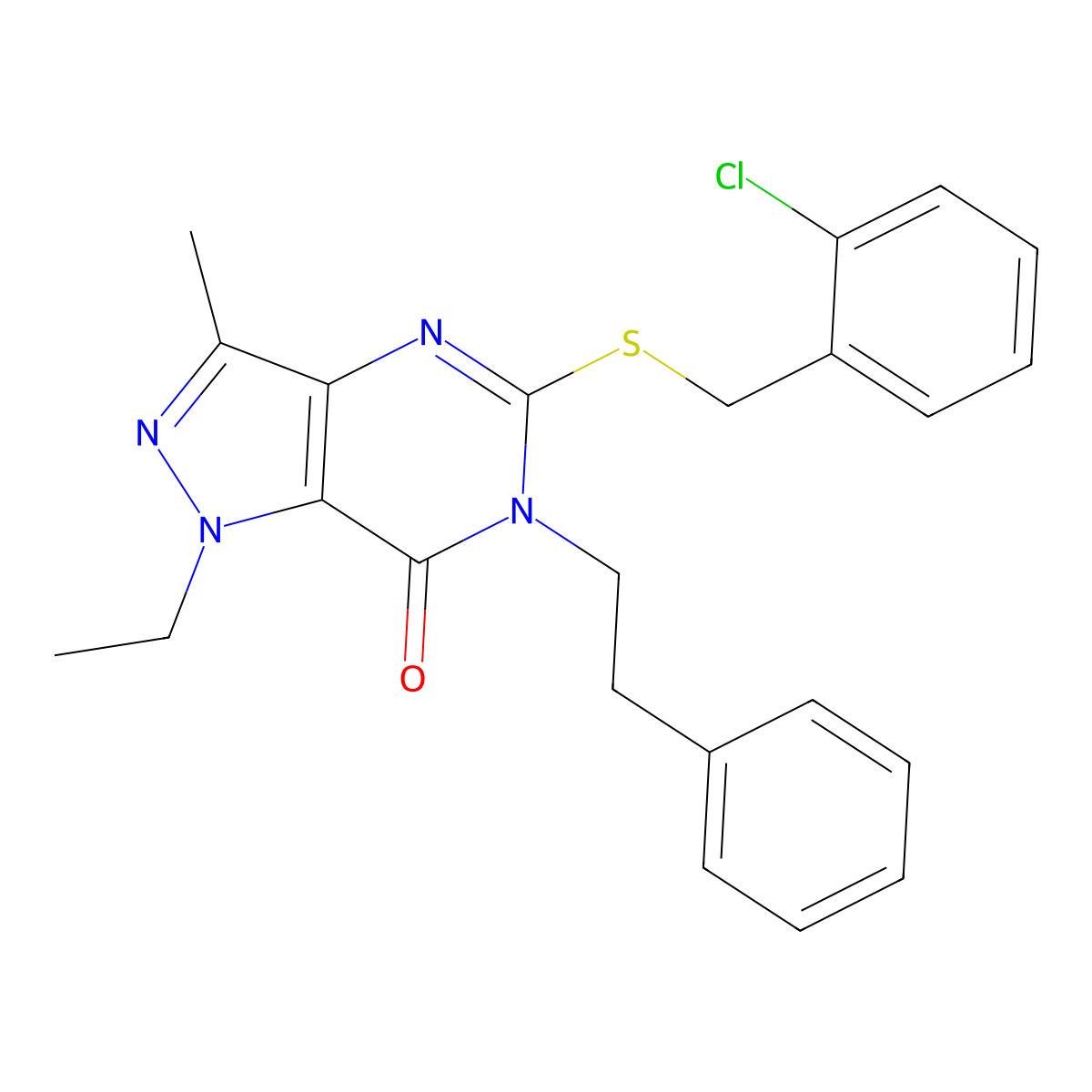 5-((2-chlorobenzyl)thio)-1-ethyl-3-methyl-6-phenethyl-1H-pyrazolo[4,3-d]pyrimidin-7(6H)-one molecular structure, CAS 1359317-46-6