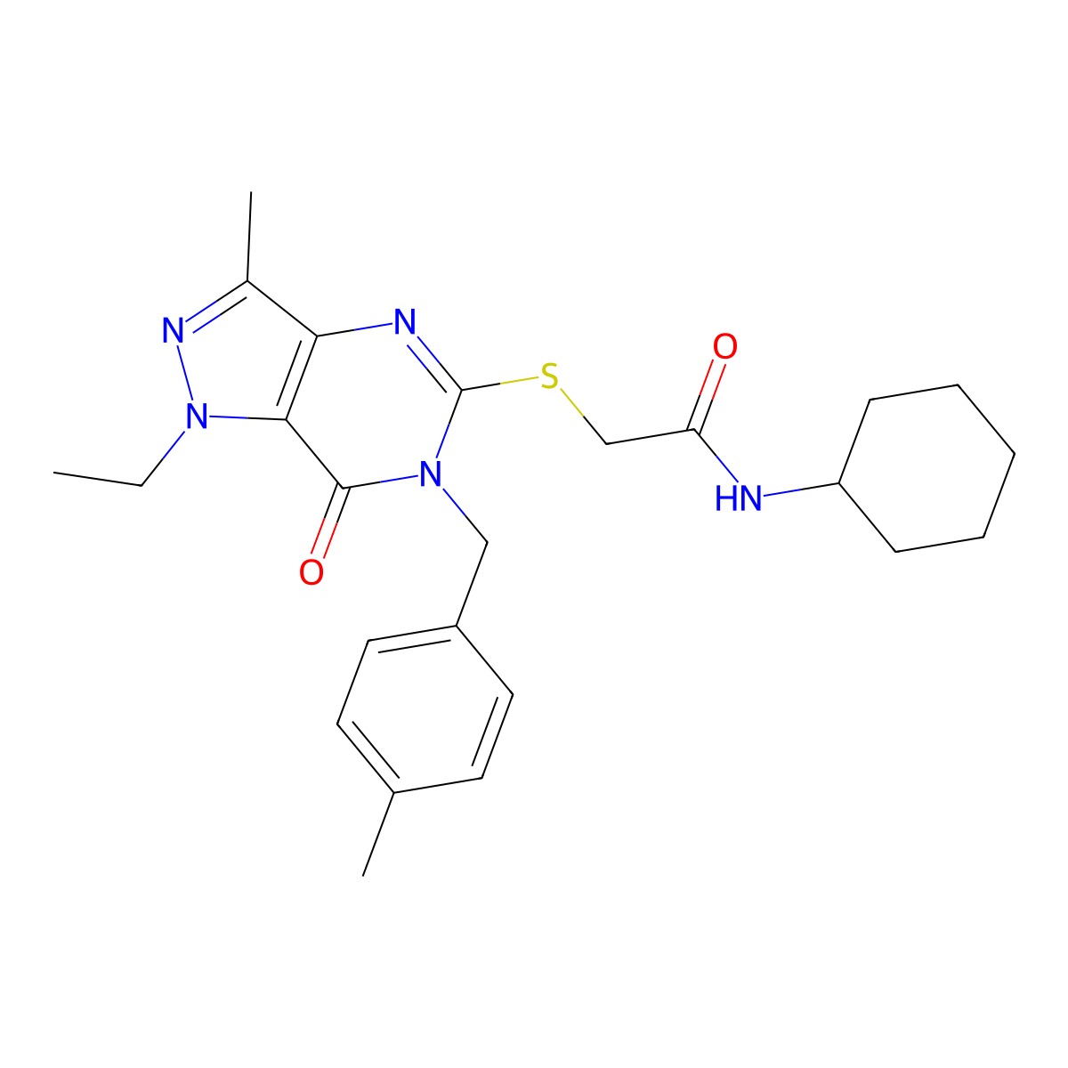 N-cyclohexyl-2-({1-ethyl-3-methyl-6-[(4-methylphenyl)methyl]-7-oxo-1H,6H,7H-pyrazolo[4,3-d]pyrimidin-5-yl}sulfanyl)acetamide molecular structure, CAS 1359317-55-7