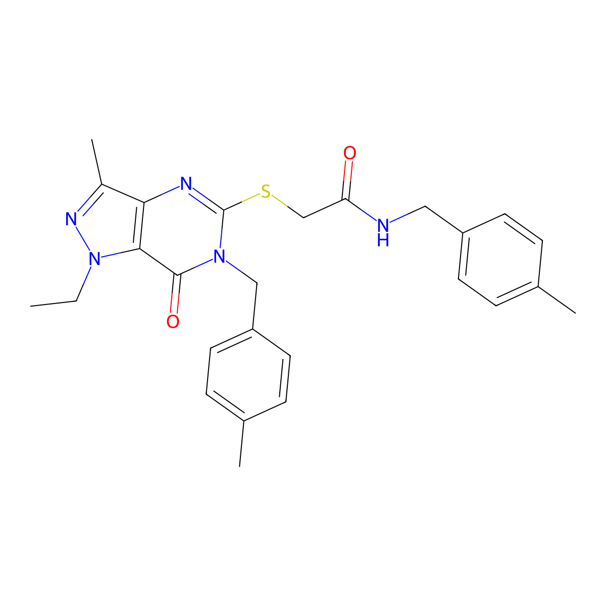 2-({1-ethyl-3-methyl-6-[(4-methylphenyl)methyl]-7-oxo-1H,6H,7H-pyrazolo[4,3-d]pyrimidin-5-yl}sulfanyl)-N-[(4-methylphenyl)methyl]acetamide molecular structure, CAS 1359317-63-7