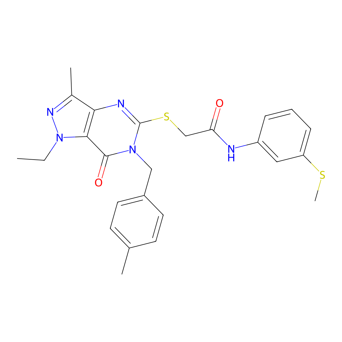 2-((1-ethyl-3-methyl-6-(4-methylbenzyl)-7-oxo-6,7-dihydro-1H-pyrazolo[4,3-d]pyrimidin-5-yl)thio)-N-(3-(methylthio)phenyl)acetamide molecular structure, CAS 1359318-02-7