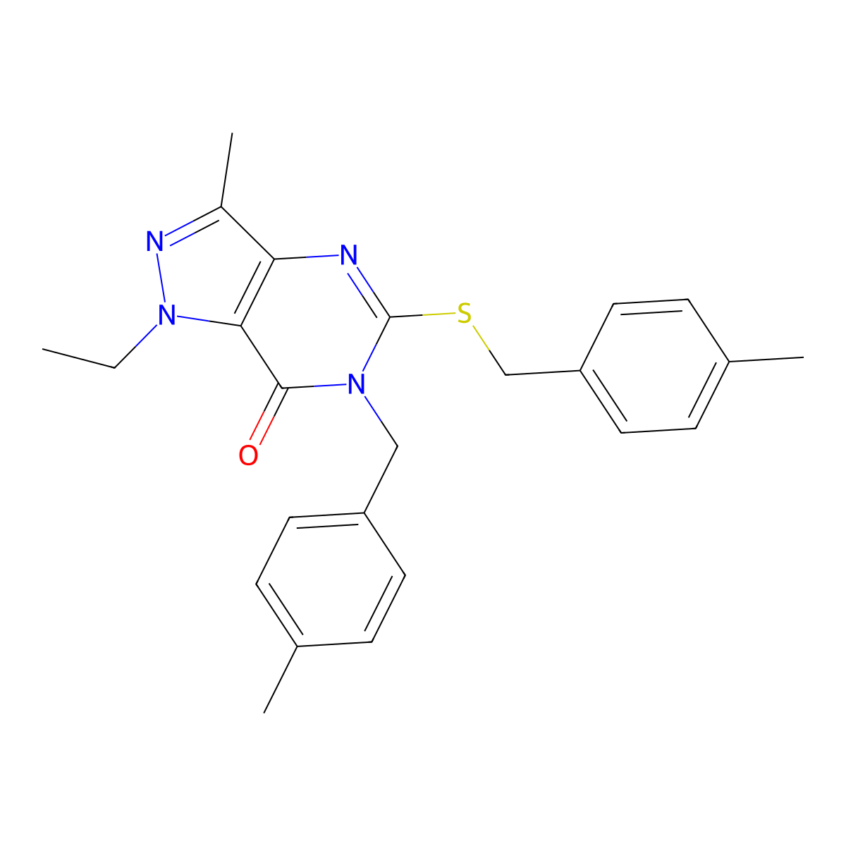 1-ethyl-3-methyl-6-(4-methylbenzyl)-5-((4-methylbenzyl)thio)-1H-pyrazolo[4,3-d]pyrimidin-7(6H)-one molecular structure, CAS 1359318-20-9