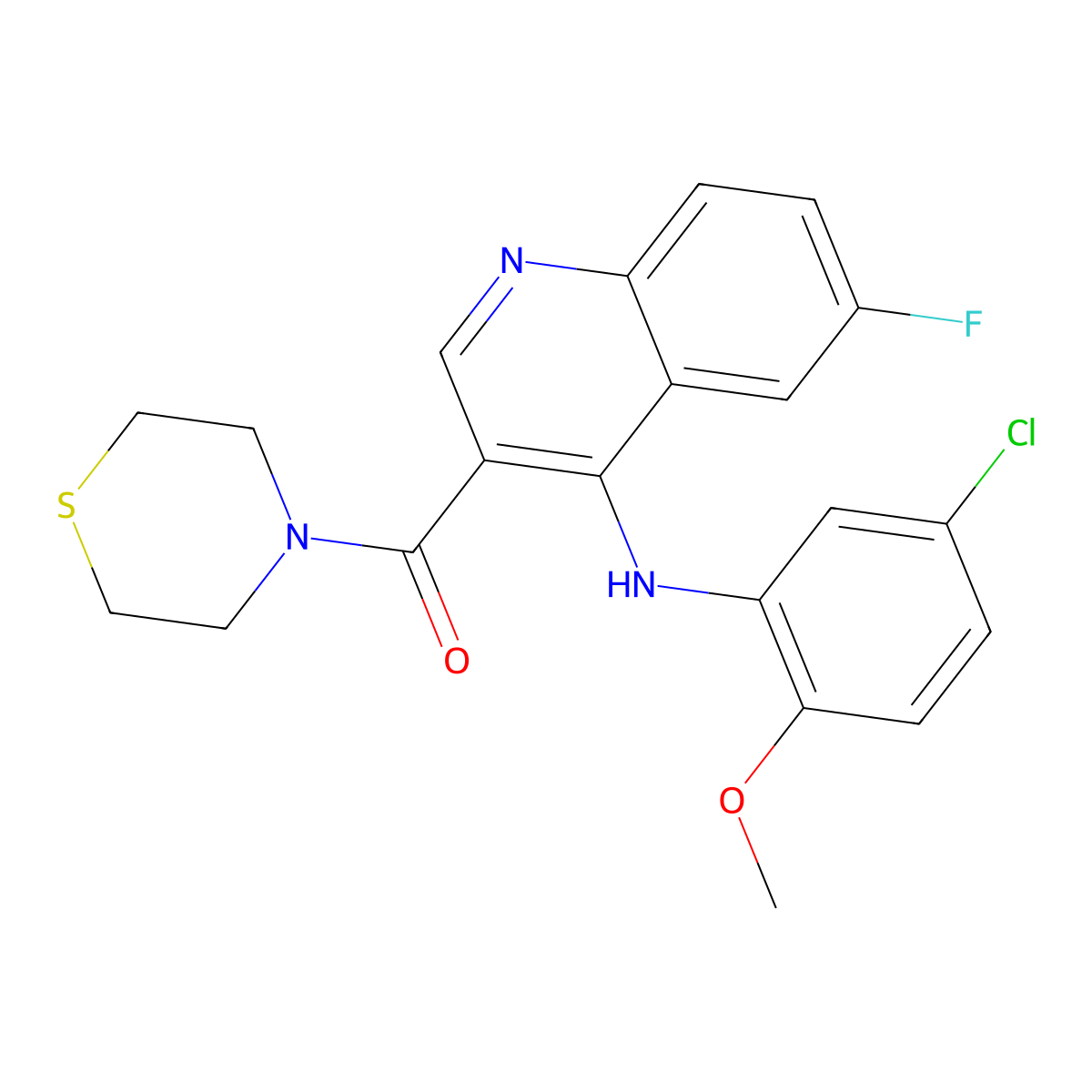 (4-((5-Chloro-2-methoxyphenyl)amino)-6-fluoroquinolin-3-yl)(thiomorpholino)methanone molecular structure, CAS 1359320-11-8