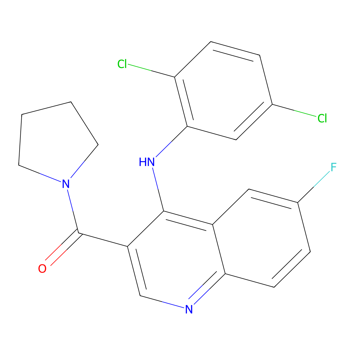 (4-((2,5-Dichlorophenyl)amino)-6-fluoroquinolin-3-yl)(pyrrolidin-1-yl)methanone molecular structure, CAS 1359320-32-3