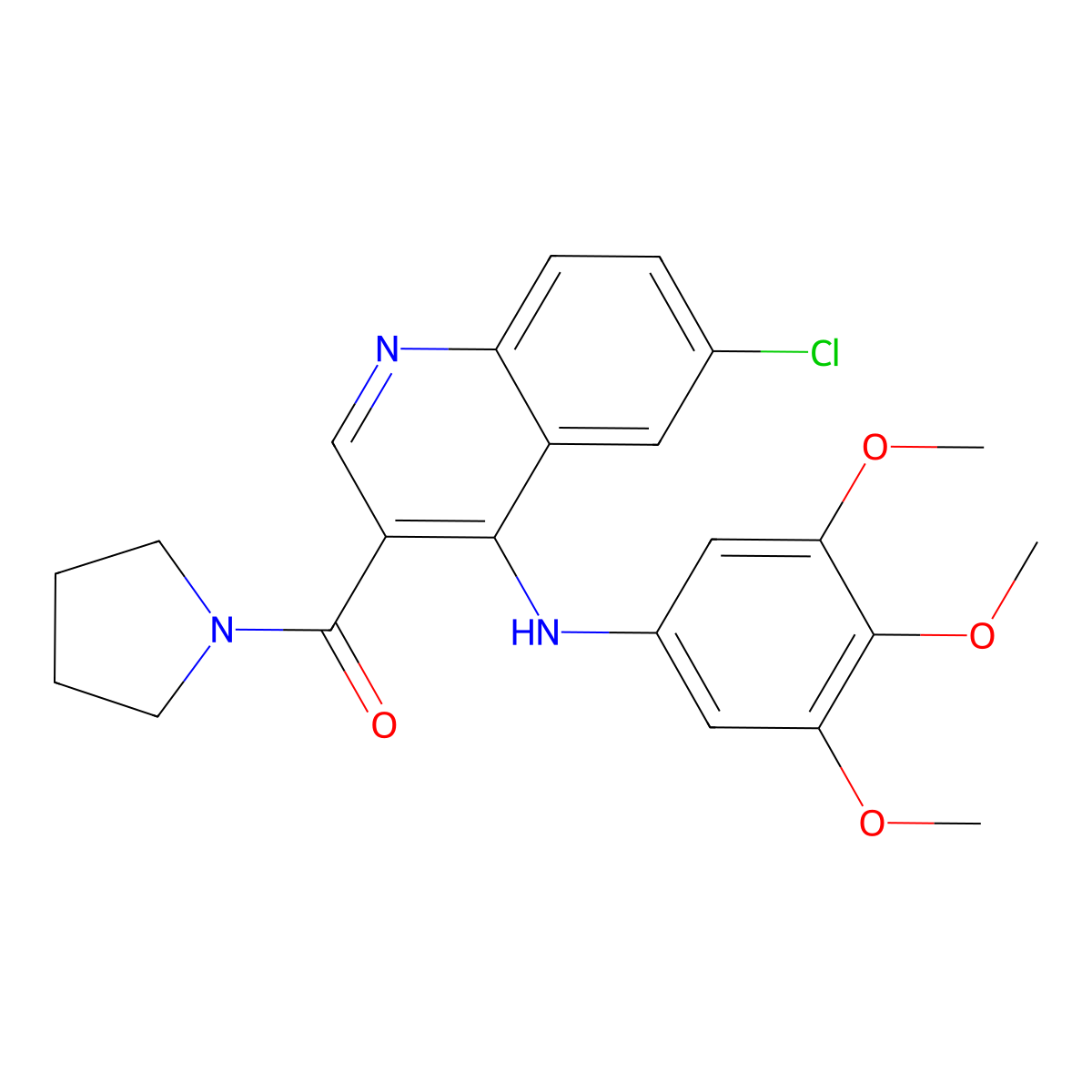 (6-Chloro-4-((3,4,5-trimethoxyphenyl)amino)quinolin-3-yl)(pyrrolidin-1-yl)methanone molecular structure, CAS 1359320-38-9