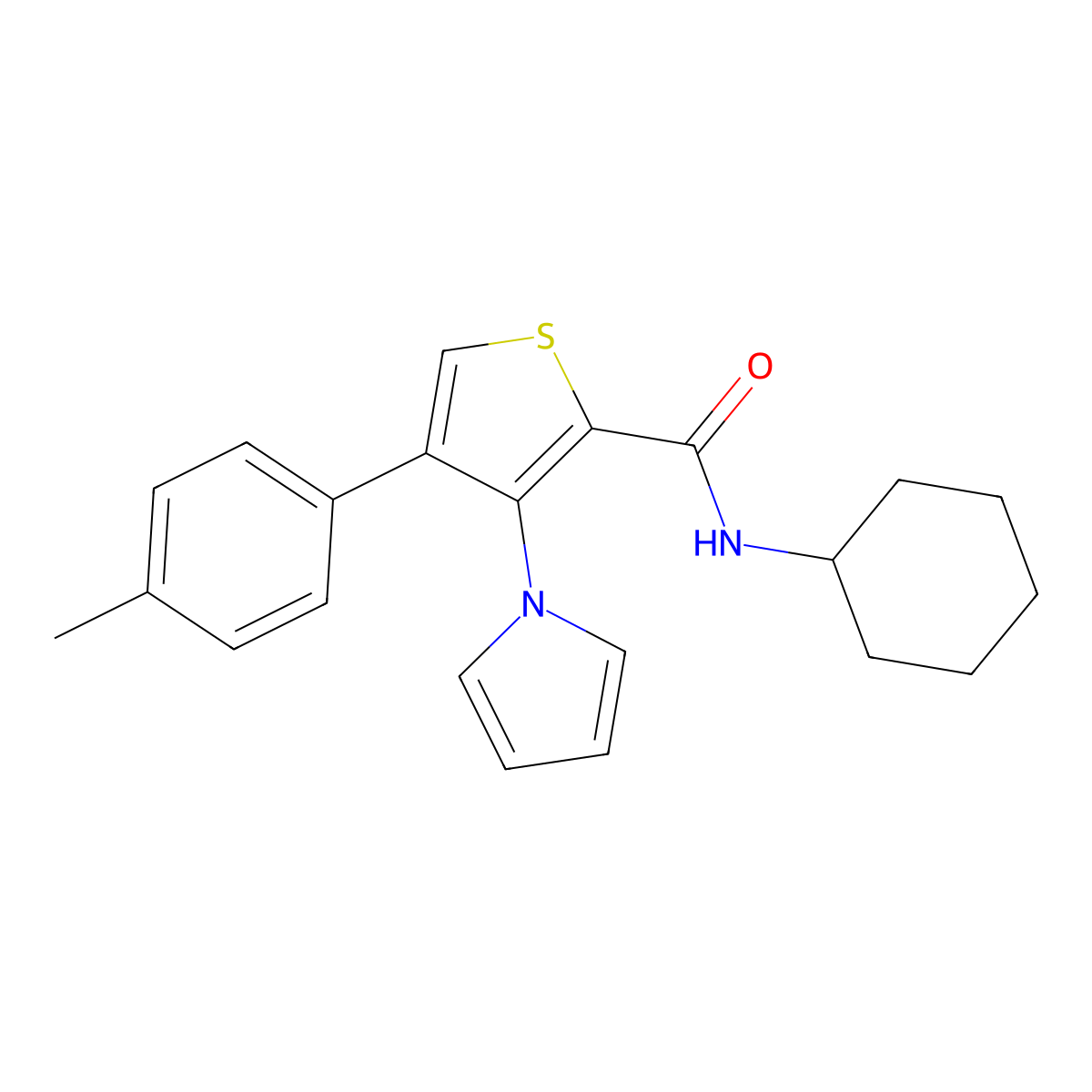 N-cyclohexyl-4-(4-methylphenyl)-3-(1H-pyrrol-1-yl)thiophene-2-carboxamide molecular structure, CAS 1359322-24-9