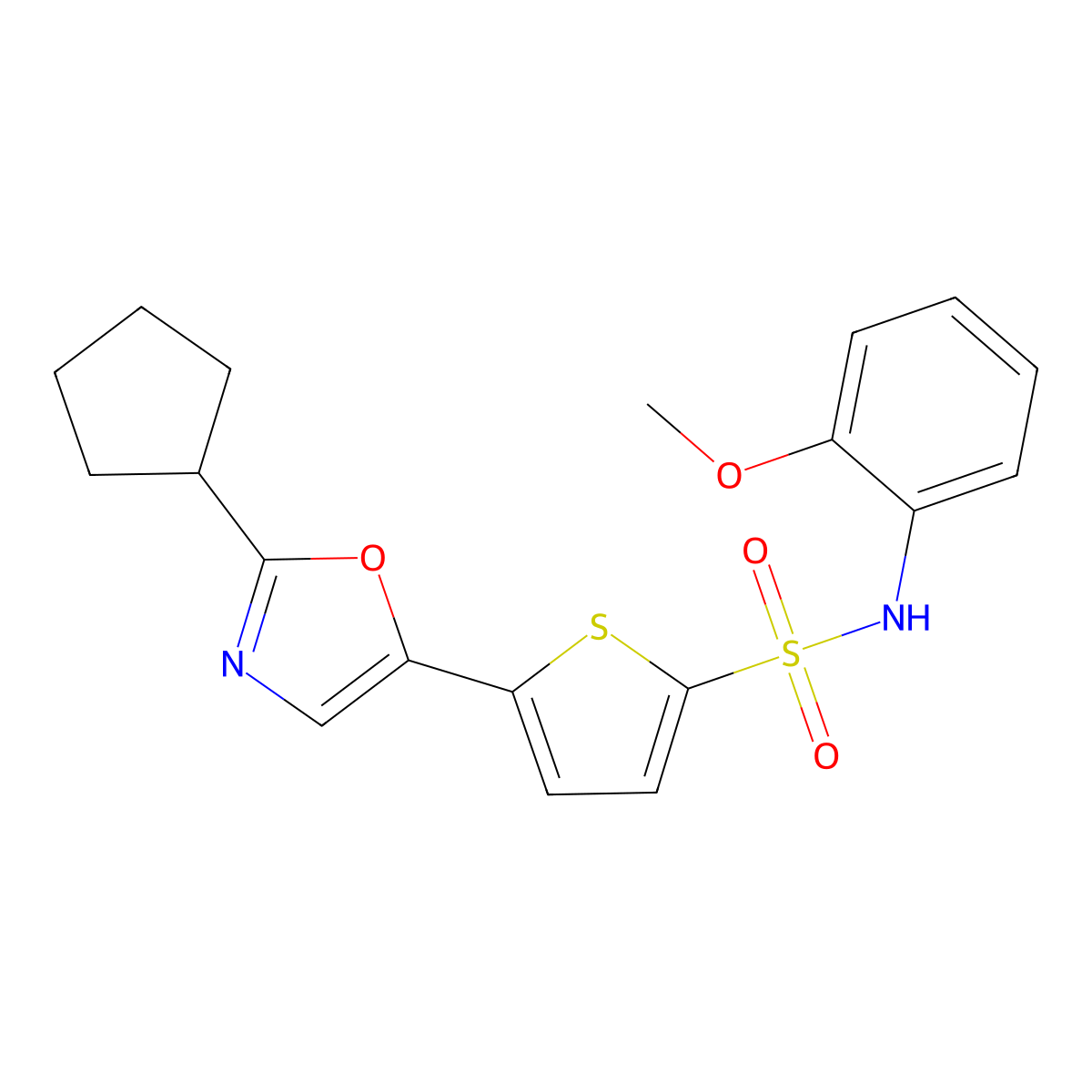 5-(2-cyclopentyl-1,3-oxazol-5-yl)-N-(2-methoxyphenyl)thiophene-2-sulfonamide molecular structure, CAS 1359389-30-2