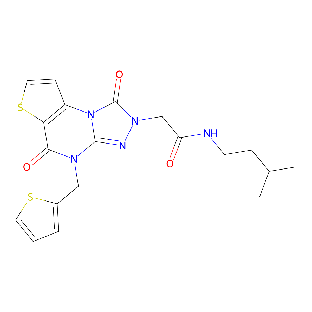 2-[7,12-dioxo-8-(thiophen-2-ylmethyl)-5-thia-1,8,10,11-tetrazatricyclo[7.3.0.02,6]dodeca-2(6),3,9-trien-11-yl]-N-(3-methylbutyl)acetamide molecular structure, CAS 1359393-81-9