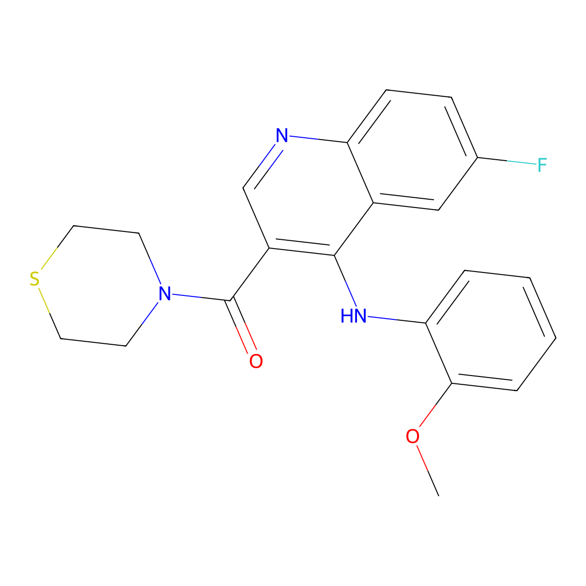 (6-Fluoro-4-((2-methoxyphenyl)amino)quinolin-3-yl)(thiomorpholino)methanone molecular structure, CAS 1359394-21-0