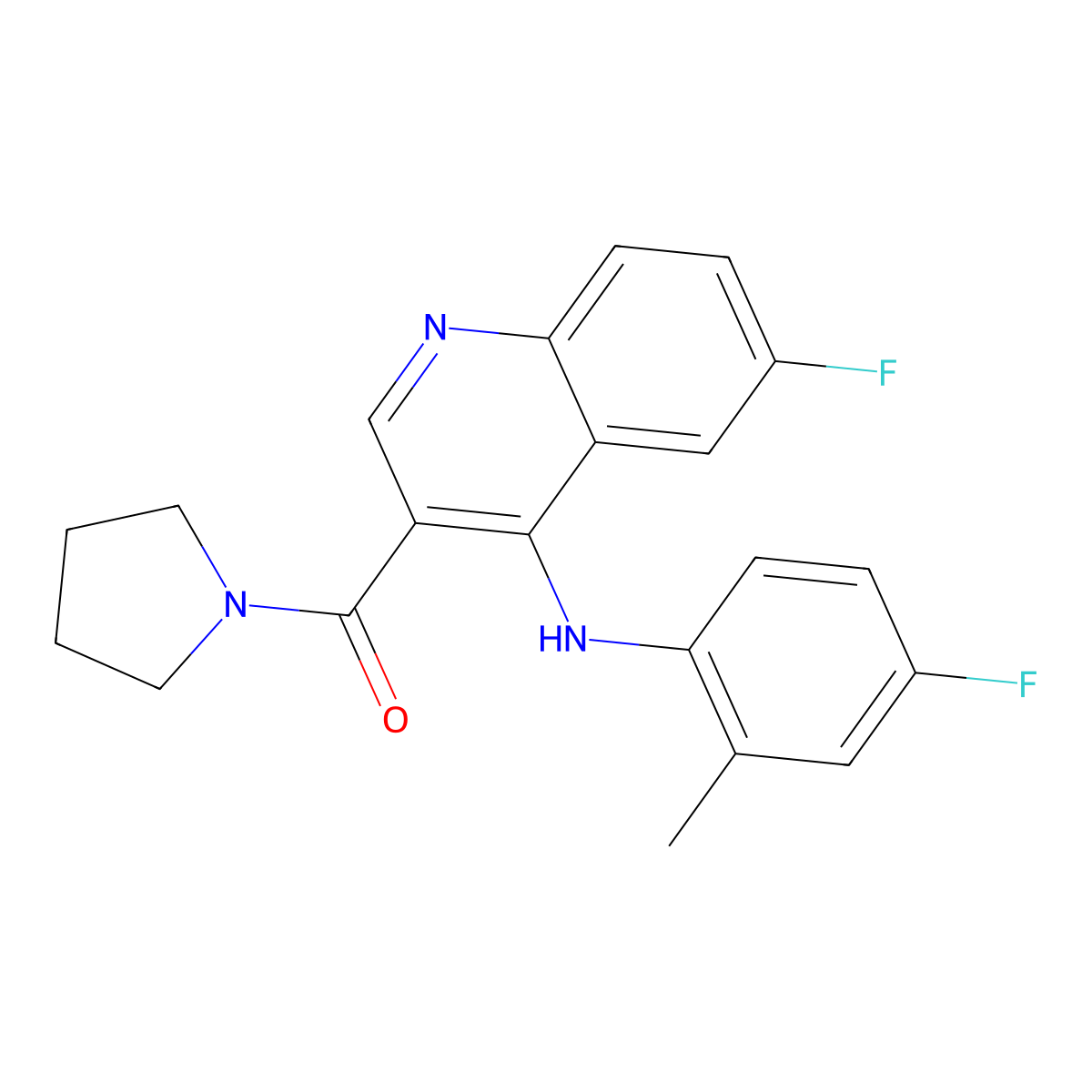 (6-Fluoro-4-((4-fluoro-2-methylphenyl)amino)quinolin-3-yl)(pyrrolidin-1-yl)methanone molecular structure, CAS 1359394-83-4