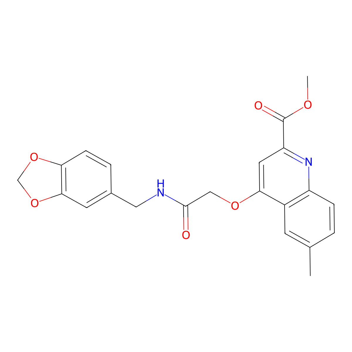 methyl 4-({[(2H-1,3-benzodioxol-5-yl)methyl]carbamoyl}methoxy)-6-methylquinoline-2-carboxylate molecular structure, CAS 1359395-55-3