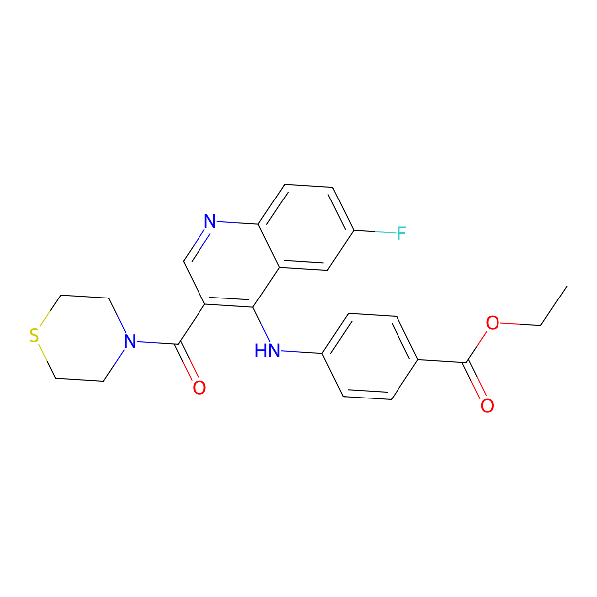 Ethyl 4-{[6-fluoro-3-(thiomorpholine-4-carbonyl)quinolin-4-YL]amino}benzoate molecular structure, CAS 1359401-31-2
