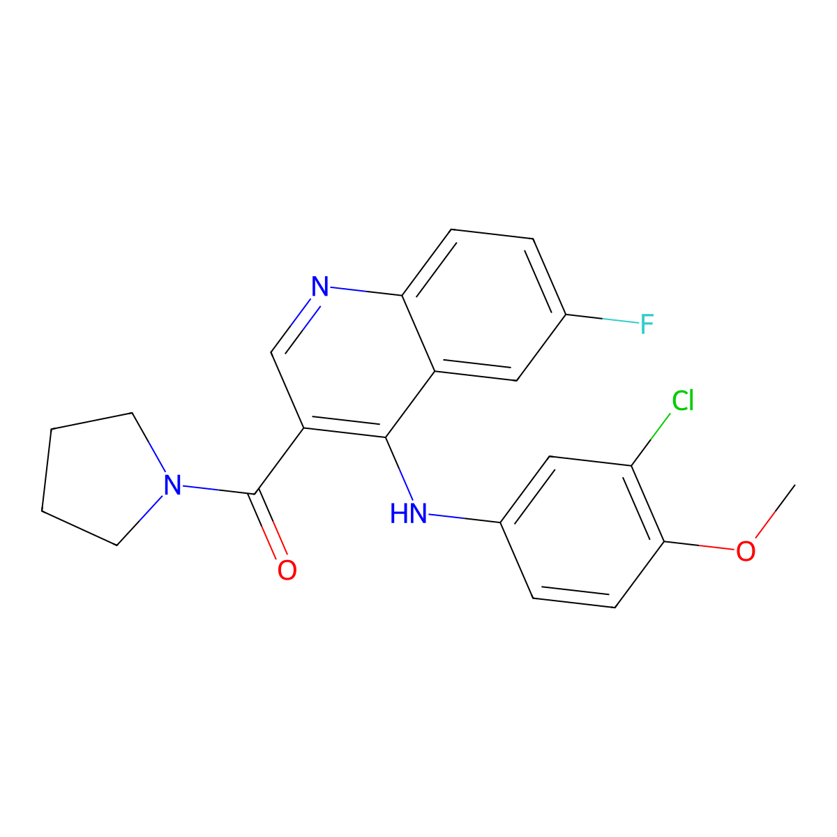 (4-((3-Chloro-4-methoxyphenyl)amino)-6-fluoroquinolin-3-yl)(pyrrolidin-1-yl)methanone molecular structure, CAS 1359401-45-8