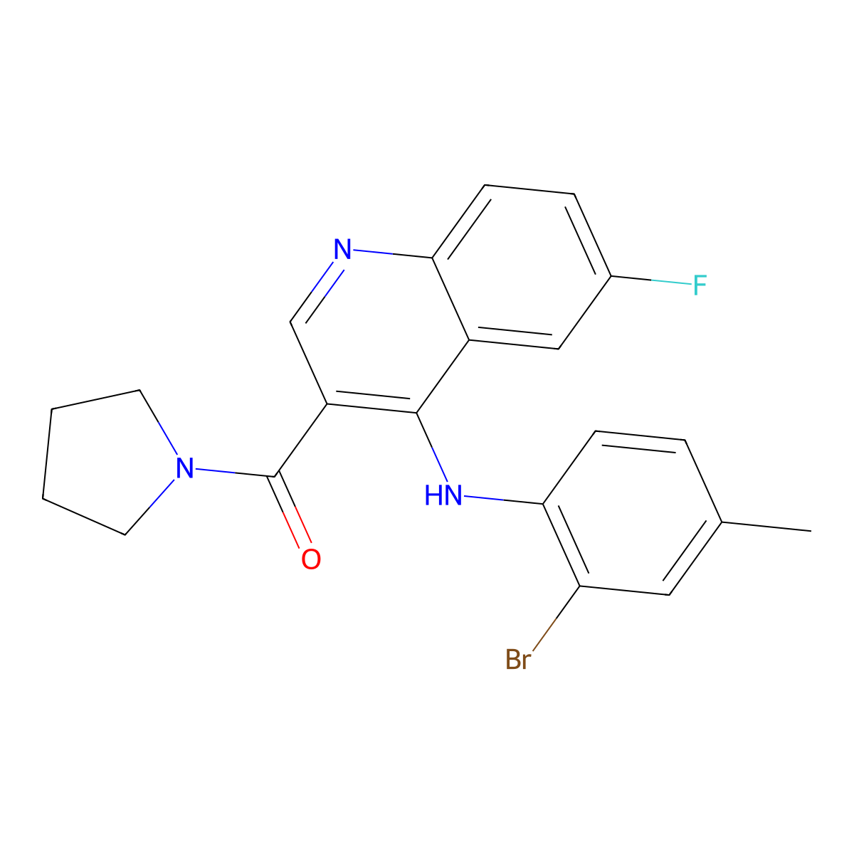 (4-((2-Bromo-4-methylphenyl)amino)-6-fluoroquinolin-3-yl)(pyrrolidin-1-yl)methanone molecular structure, CAS 1359401-53-8