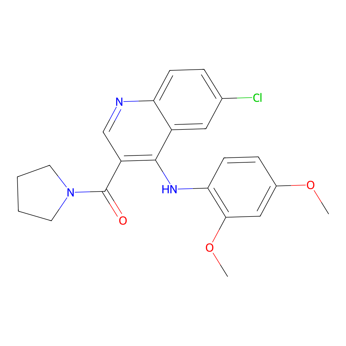 (6-Chloro-4-((2,4-dimethoxyphenyl)amino)quinolin-3-yl)(pyrrolidin-1-yl)methanone molecular structure, CAS 1359401-59-4