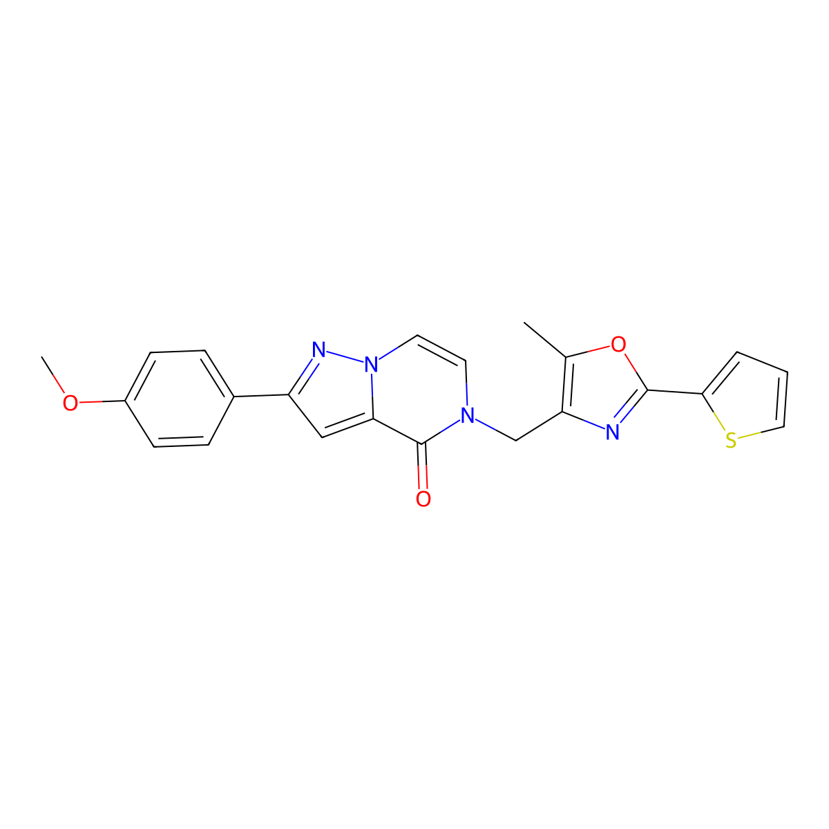 2-(4-methoxyphenyl)-5-((5-methyl-2-(thiophen-2-yl)oxazol-4-yl)methyl)pyrazolo[1,5-a]pyrazin-4(5H)-one molecular structure, CAS 1359418-49-7