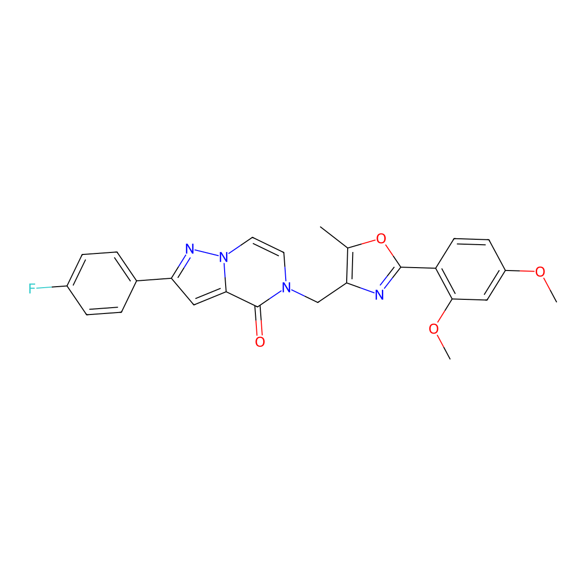 5-((2-(2,4-dimethoxyphenyl)-5-methyloxazol-4-yl)methyl)-2-(4-fluorophenyl)pyrazolo[1,5-a]pyrazin-4(5H)-one molecular structure, CAS 1359418-79-3