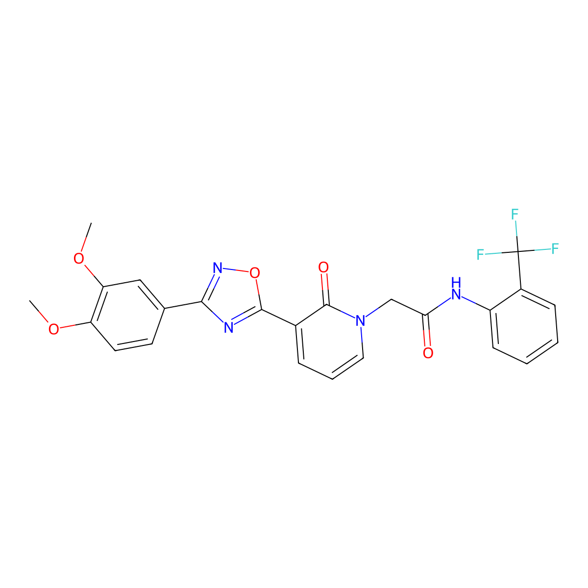2-[3-[3-(3,4-dimethoxyphenyl)-1,2,4-oxadiazol-5-yl]-2-oxopyridin-1(2H)-yl]-N-[2-(trifluoromethyl)phenyl]acetamide molecular structure, CAS 1359430-11-7