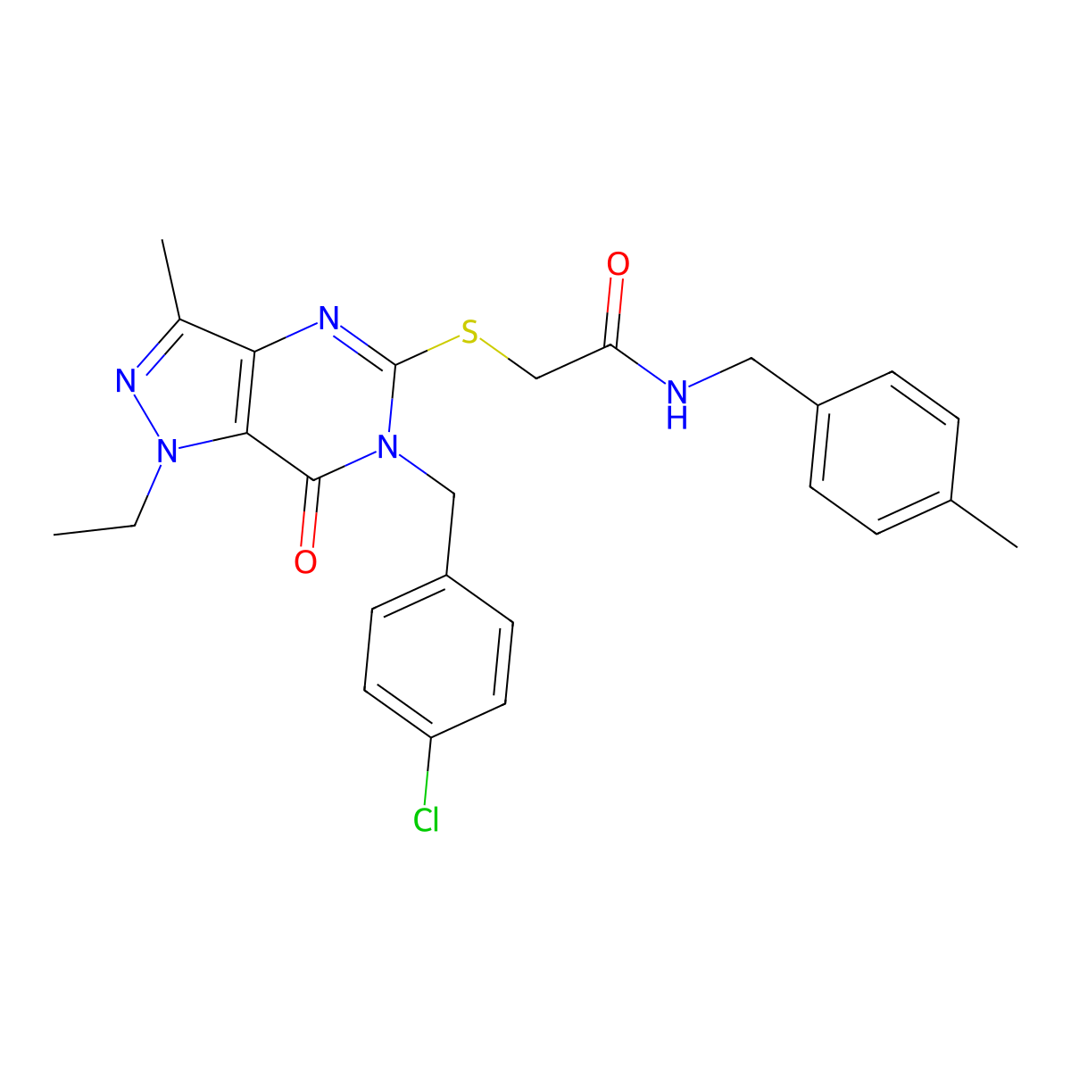 2-((6-(4-chlorobenzyl)-1-ethyl-3-methyl-7-oxo-6,7-dihydro-1H-pyrazolo[4,3-d]pyrimidin-5-yl)thio)-N-(4-methylbenzyl)acetamide molecular structure, CAS 1359433-28-5