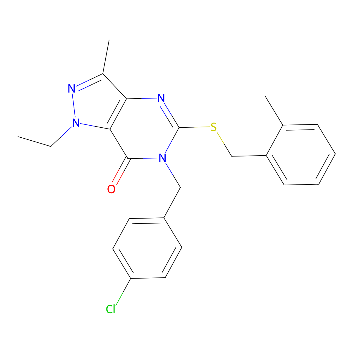 6-(4-chlorobenzyl)-1-ethyl-3-methyl-5-((2-methylbenzyl)thio)-1H-pyrazolo[4,3-d]pyrimidin-7(6H)-one molecular structure, CAS 1359433-37-6