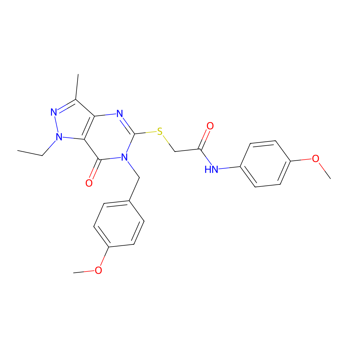 2-((1-ethyl-6-(4-methoxybenzyl)-3-methyl-7-oxo-6,7-dihydro-1H-pyrazolo[4,3-d]pyrimidin-5-yl)thio)-N-(4-methoxyphenyl)acetamide molecular structure, CAS 1359433-45-6