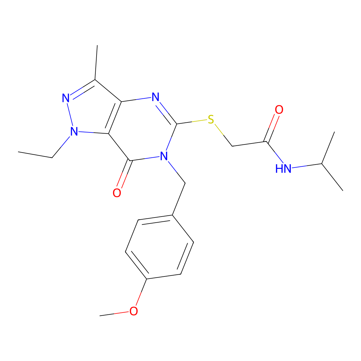 2-((1-ethyl-6-(4-methoxybenzyl)-3-methyl-7-oxo-6,7-dihydro-1H-pyrazolo[4,3-d]pyrimidin-5-yl)thio)-N-isopropylacetamide molecular structure, CAS 1359433-53-6